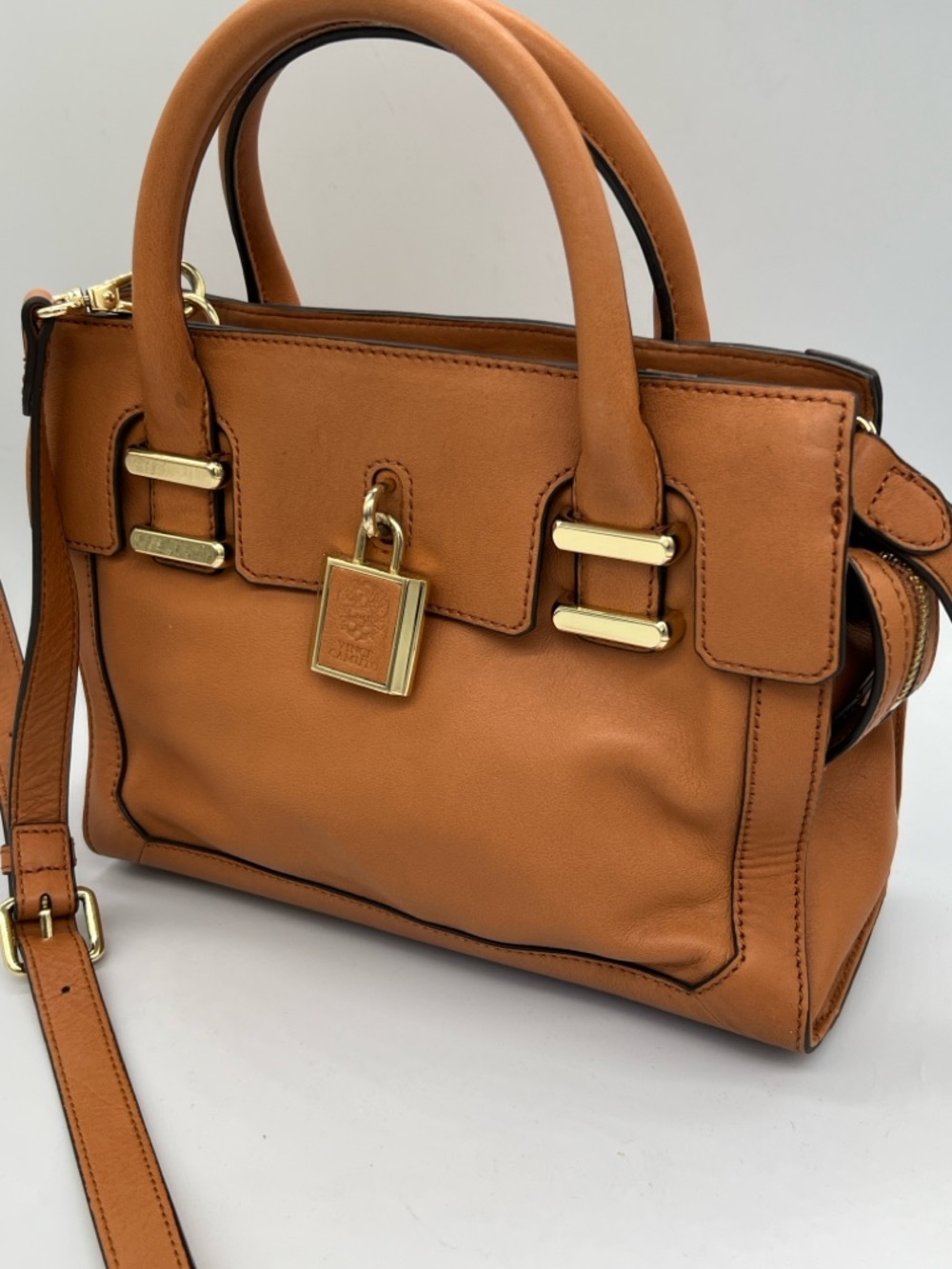 Vince Camuto Leather Satchel Handbag in Tan with Gold Hardware